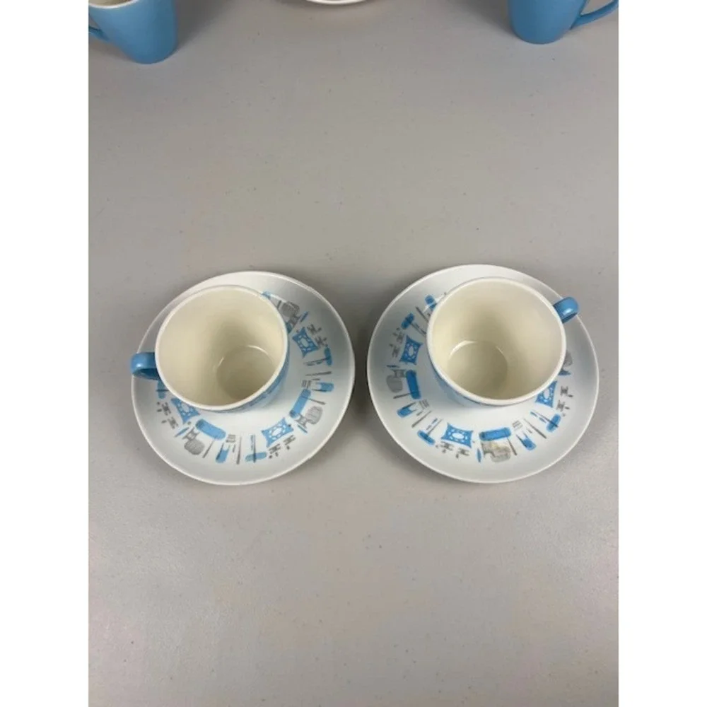Vintage Mid Century Modern Atomic‎ Kitchen Blue Tea Coffee Cup Saucer Set of Two
